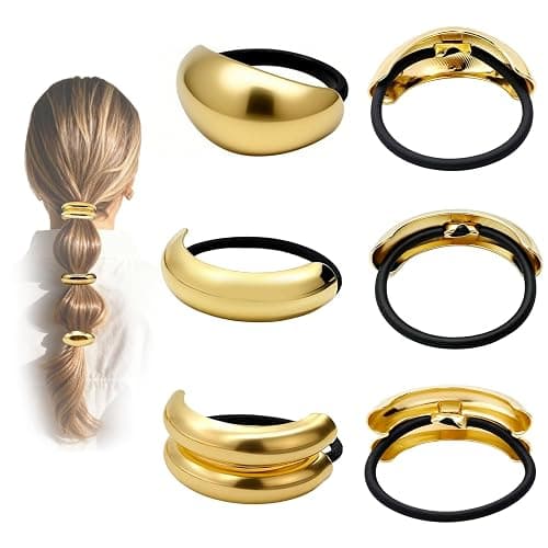 OHCISP 6Pcs Gold Hair Ties - 3 Styles Gold Hair Accessories for Women & Girls, Elegant Chic Metal Hair Cuff Non-Damage Ponytail Cuffs Holders for Thick Hair - Image 1