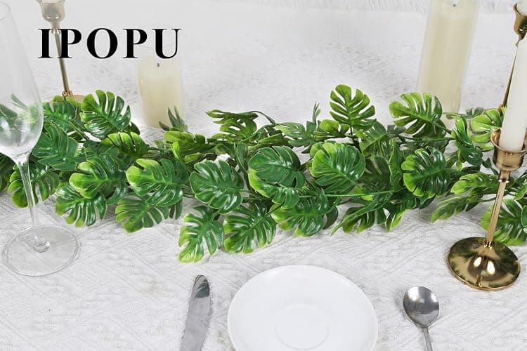 IPOPU 4PCS Artificial Monstera Leaf Ivy Vines with Light Strings, 5.7FT Faux Tropical Palm Leaf Garland Fake Monstera Hanging Greenery Plant for Garden Jungle Hawaiian Party Porch Patio Outdoor Decor thumbnail 2