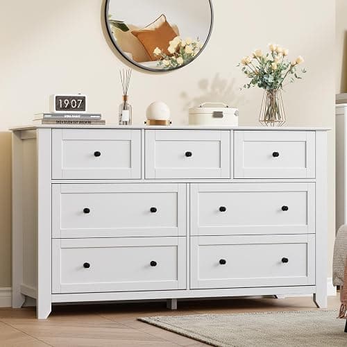 IDEALHOUSE White 7 Drawer Dresser for Bedroom, 54" Wide Large Dresser with Deep Drawers & Metal Knobs, Modern Wooden Chests of Drawers for Entryway, Hallway - Image 1