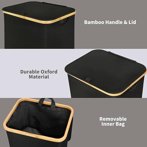 efluky 100L Laundry Basket with Lid and Net Bag, Tall Laundry Hamper with Bamboo Handles, Aesthetic Dirty Clothes Bin for Laundry Room, Bathroom, Bedroom and Dorm, Black thumbnail 6