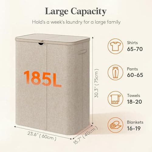 Lifewit 185L Large 3 Section Laundry Hamper with Lid, Plastic Laundry Basket with Bamboo Handles and Removable Bags, Tall Foldable Clothes Hamper for Bathroom Bedroom, Beige thumbnail 2