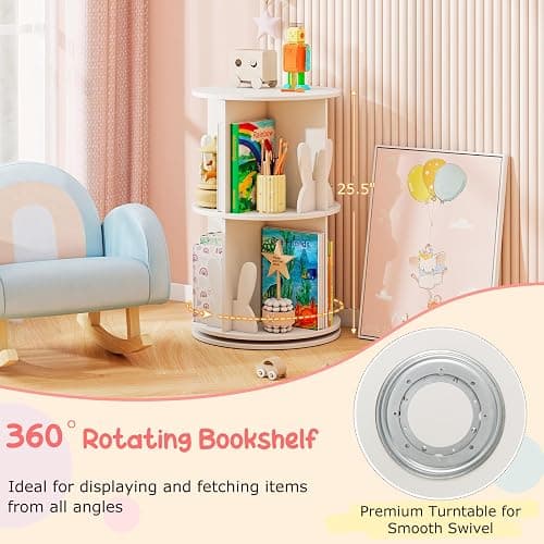 HONEY JOY Kids Rotating Bookshelf, Wooden Spinning Small Corner Organizer w/Baffles, 360°Display Standing Toddler Bookshelf, Narrow Storage Rack, Montessori Book Shelf for Nursery, Playroom (White) thumbnail 4