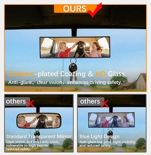 HmmtyRack Rear View Mirror, Chrome Anti-glare Panoramic Rear Mirrors Universal 10 Inch Convex Car Interior Clip on Extra Big Wide Angle Rearview Mirror Extender to Reduce Blind Spot for Car SUV thumbnail 2