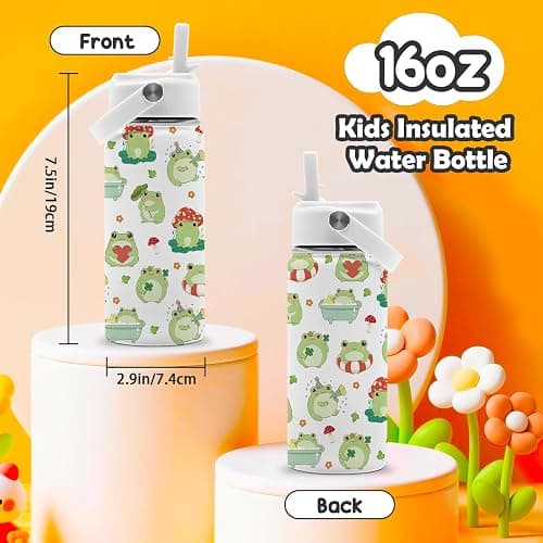 ROVOZAR Frog Water Bottle - Frog 16oz Stainless Steel Water Bottle with Straw - Cute Frogs Insulated Cup for Girls Boys - Frogs Kids Tumbler for School, Sports, Travel thumbnail 2
