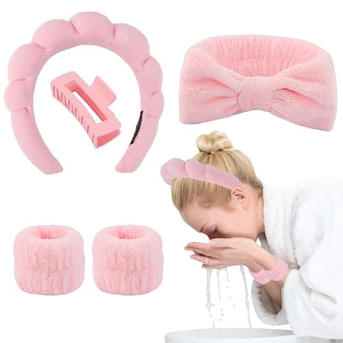 Canitor Spa Headband Wrist Bands Set with Hair Clips Skincare for Washing Face Skin Care Makeup Preppy Tween Teen Girl Gifts Cute Trendy Stuff Hair Accessories for Women (pink) thumbnail 9