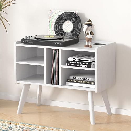 Forevich Record Player Stand Table with Vinyl Storage Holder Large Turntable Record Stand with Power Outlet Holds Up to 220 Albums Display Shelf Cabinet with Wood Legs for Living Room White - White thumbnail 7