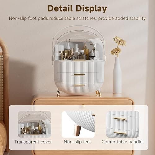 BTGGG Makeup Organizers, Make Up Organizer for Vanity, Countertop Cosmetic Storage with Drawers and Transparent Cover for Bedroom Bathroom, White thumbnail 4