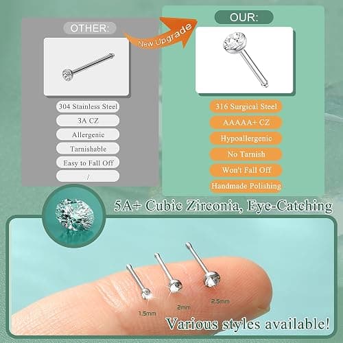 THUNARAZ Straight L Shaped Stainless Steel Nose Studs Rings Piercing Pin Body Jewelry 20G-22G 1.5mm 2mm 2.5mm thumbnail 6