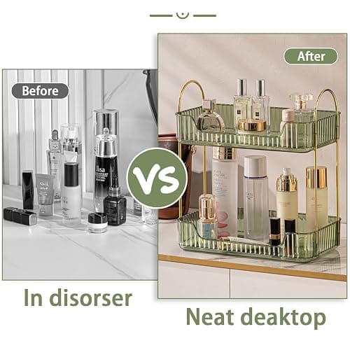 shuang qing Bathroom Counter Organizer Countertop Storage, Cosmetics Skincare Shelf, Makeup Organizer Perfume for Dresser Vanity Tray, Spice Rack for Kitchen(2 Tier-Green) thumbnail 5