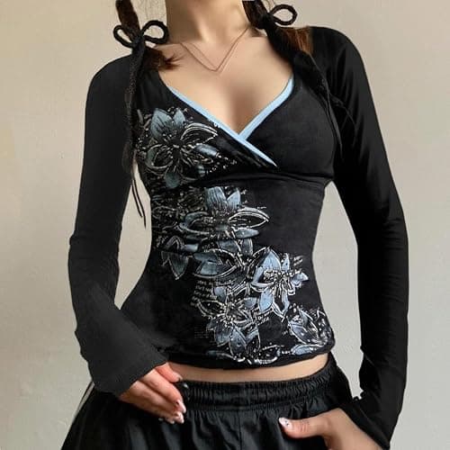 Y2k V Neck Floral Tops Women Fairy Grunge Vintage Long Sleeve Top 2000s Emo Graphic Cute Clothe thumbnail 5