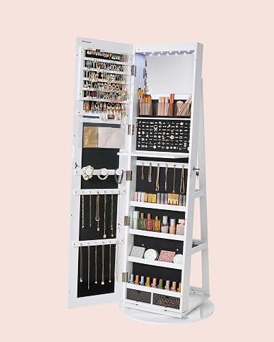SONGMICS JJC007W01 Schmuckschrank mit Spiegel auf Füßen, abschließbar, mit 6 LEDs, Schmuckaufbewahrung, um 360° drehbar, rahmenlos, 3 Ablagen, weiße Oberfläche, schwarze Innenauskleidung thumbnail 6