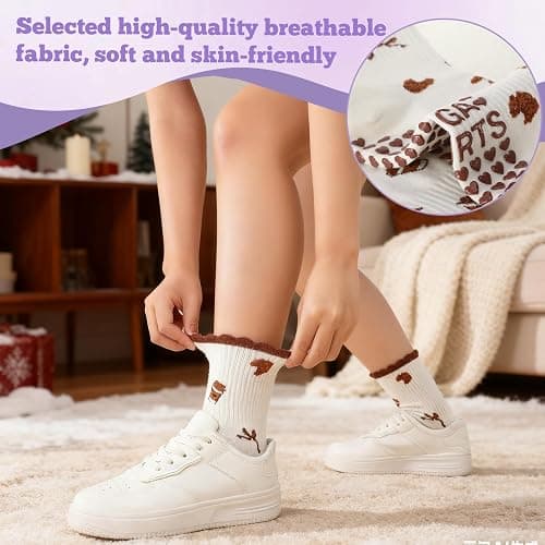 scenicamp 5 Pairs Cute Pilates Socks for Women, Ruffle Frilly Yoga Socks Non Slip Cotton Crew Socks with Embroidery Pattern thumbnail 5