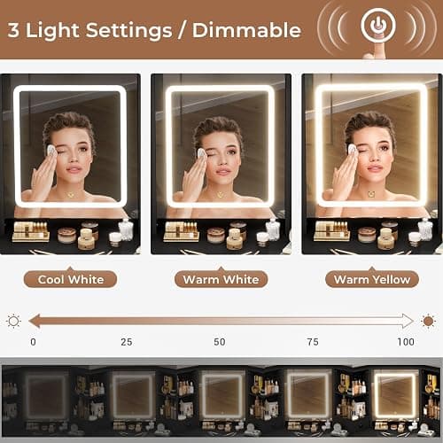 HAUOMS Vanity Desk with Mirror Lights, Storage Bench & Power Outlet, Corner Vanities with Rotating Cabinet & Drawers, 42.5" L Shaped Vanity Set, 3 Light Settings, for Women Girls, Modern Black thumbnail 5