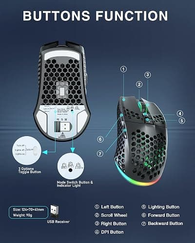 SOLAKAKA SM600 Honeycomb Shell Gaming Mouse Wireless,Tri-Modes BT5.1/2.4G Wireless/Type-C Wired Gamer Mouse with 2 Side Buttons, Macro Programmable and RGB Light for PC/Mac/Laptop,Black thumbnail 7