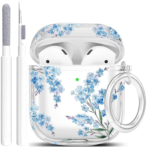 Wonjury Protective Clear Floral Case Cover with Cleaner Kit Portable Shockproof Women Girls with Keychain for Apple Airpods 2/1 Charging Case - Clear/Blue Flower - Image 1