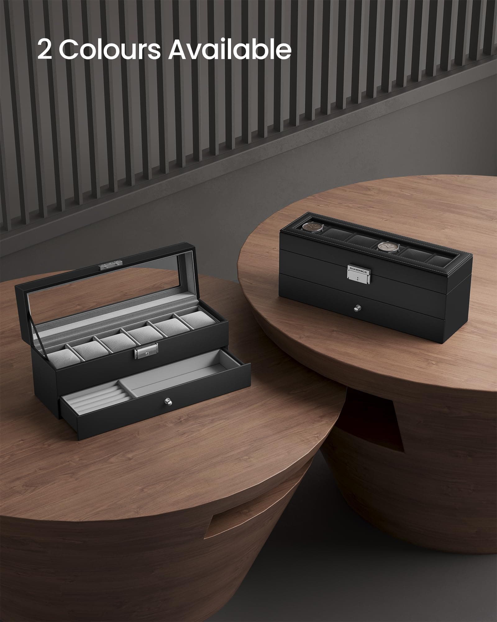 2. SONGMICS 6-Slot Watch Box, Lockable Watch Case with Glass Lid, 2 Layers, with 1 Drawer for Rings, Bracelets, Gift Idea, Black Synthetic Leather, Grey Lining JWB060G01 thumbnail 3
