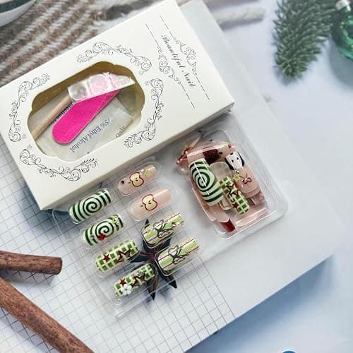 Auroriel 24 Stück Lange Quadratische Press on Nägel Rote und Grüne French Tips mit Glitzer Apfel und Welpen Design Sommer Party Nail Art Wiederverwendbar thumbnail 4