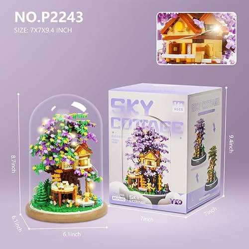 Insgen Cherry Blossom Tree House Miniature Building Blocks with Dust Cover | DIY Purple & Yellow Sakura Flowers Bonsai Model, 2080PCS Home Office Shelf Decor Craft for Adults & Girls thumbnail 3