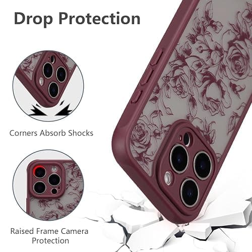 XIZYO Hülle für iPhone 14 Pro Max 6,7 Zoll, Niedlich Matt Rose Blume Floral Muster Ästhetisch Handyhülle, für Mädchen Frauen Luxus Weiche TPU Stoßfest Schutzhülle, Zweig Rose/Wein Rot thumbnail 5