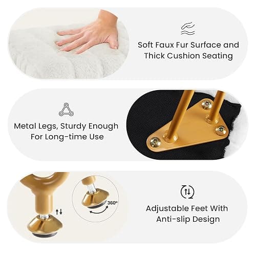 Sweetcrispy Vanity Stool Chair with Storage, Off-White Makeup Chair | 18.9”H x 16”L x 12.2”W Ottoman Chair Faux Soft Padded Footstools Seat with 4 Metal Legs Anti-Slip Adjustable Feet, Off-White thumbnail 4