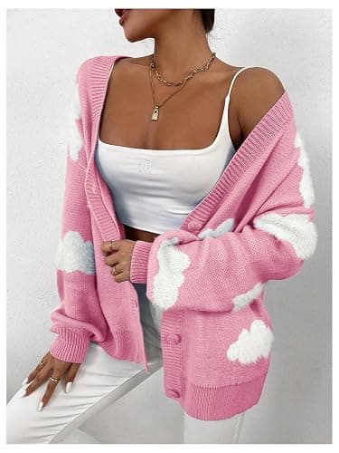 SOLY HUX Women's Button Down V Neck Long Sleeve Cloud Open Front Knit Cardigan Sweater thumbnail 2