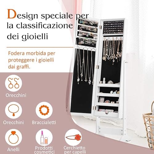 COSTWAY Specchio Portagioie da Terra, Armadietto Portagioie con Specchio a 3 Angoli, Organizer per Gioie Camera da Letto, 35 x 30 x 144 cm (Bianco) thumbnail 8