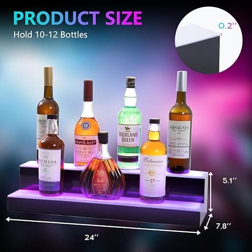 Leekimid Led Lighted Liquor Bottle Display Shelf, 24 Inch 2 Tier Whiskey Rack, Support USB, Bar Stand with RF Remote & App Control, Illuminated Acrylic Lighting Shelves for Home Bar, Party thumbnail 2