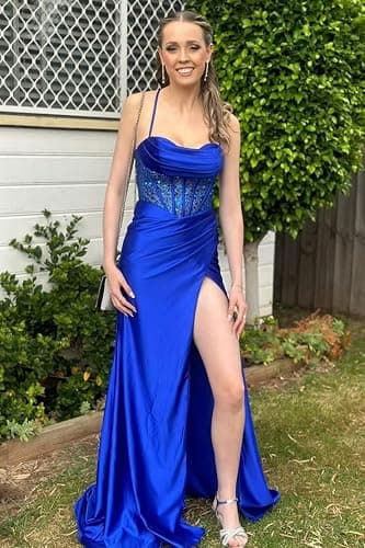 Wchecalino Satin Mermaid Prom Dresses Long 2026 Spaghetti Straps Sparkly Corset Formal Evening Party Gowns with Slit thumbnail 5