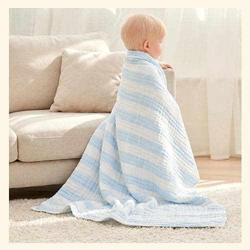 HardNok Organic Muslin Baby Bath Towel Blanket 5-Pc Gift Set - Blue Stripe | Features 41-43" 6-layer blankets, three washcloths newborn to toddler crib or stroller; curated shower registry gift for boys thumbnail 2