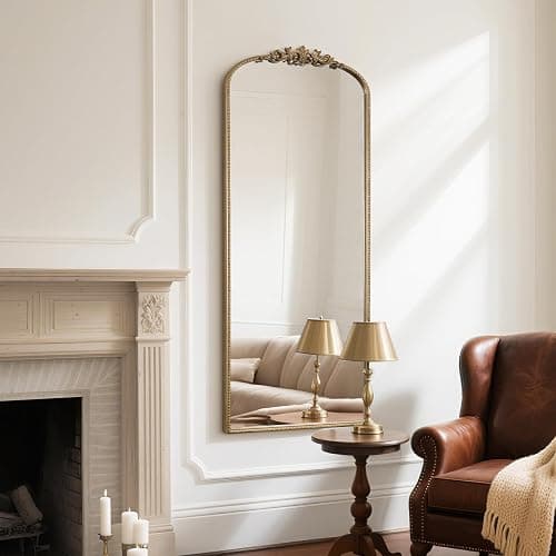 WallBeyond Arched Full Length Mirror Wall Mounted, 21x56 Inch Gold Antique Mirror, Vintage Metal Frame Full Body Mirro for Bedroom, Living Room, Hanging or Leaning thumbnail 5