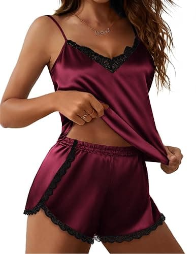 Ekouaer Satin Pajama Set for Women 2 Piece Silky Lingerie Sleepwear Lace Camisole Pj Shorts Set Soft Nightwear S-XXL - Image 1