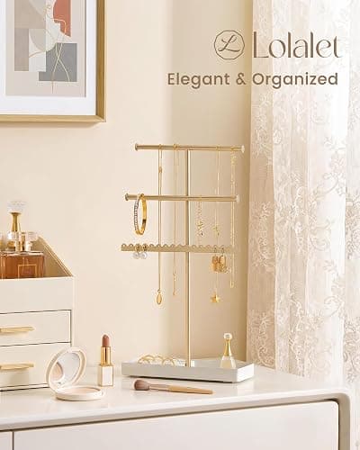 Lolalet 3-Tier Jewelry Organizer Stand, Metal Jewellery Holder, Dresser Display Rack for Necklace Earring Bracelets Rings, Gift for Women Girls -Gold thumbnail 6