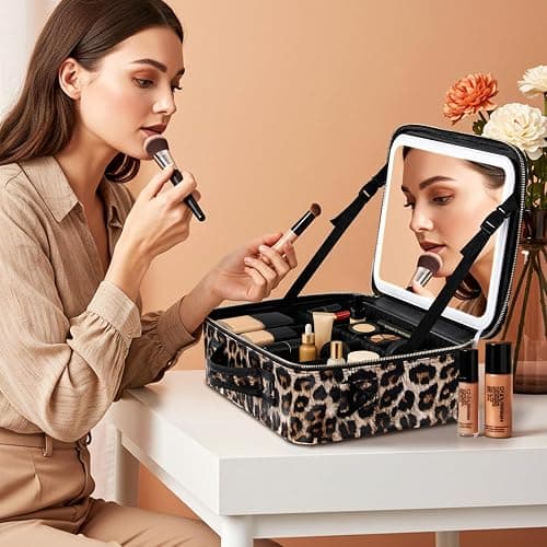IPOW Travel Makeup Bag with LED Mirror, 3 Adjustable Light Settings, Customizable Dividers, Portable Travel Organizer, USB Charging, Leopard print, Large thumbnail 2