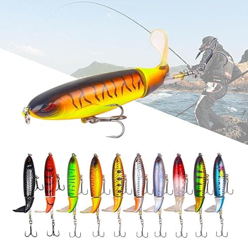 RTGSE 10Pcs Whopper Fishing Lure for Bass Popper Top Water Fishing Lures with Floating Rotating Tail Barb Treble Hooks in Saltwater Freshwater Plopping Lures Kit thumbnail 4