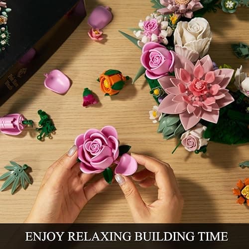 Pink Moon Flower Building Set, Dahlia Rose Bouquet Botanical Collection Building Block, Compatible with Lego Flowers for Home Wall Art Decor, Gifts for 18+ Girls, Women(944PCS) thumbnail 5