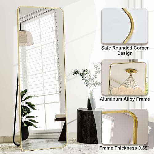 HARRITPURE 56" x 21“ Full Length Mirror - Rounded Corner Floor Mirror with Stand, Gold Aluminum Frame Full Body Mirror, Hanging/Leaning/Standing Mirror for Bedroom, Cloakroom thumbnail 4