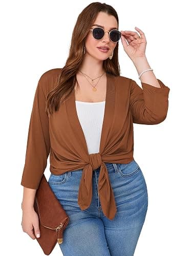 AusLook Women's Plus Size Lightweight Open Front Cardigan 3/4 Sleeve Cover Ups Shrugs Shawls and Wraps Kimono Jacket Coat thumbnail 2
