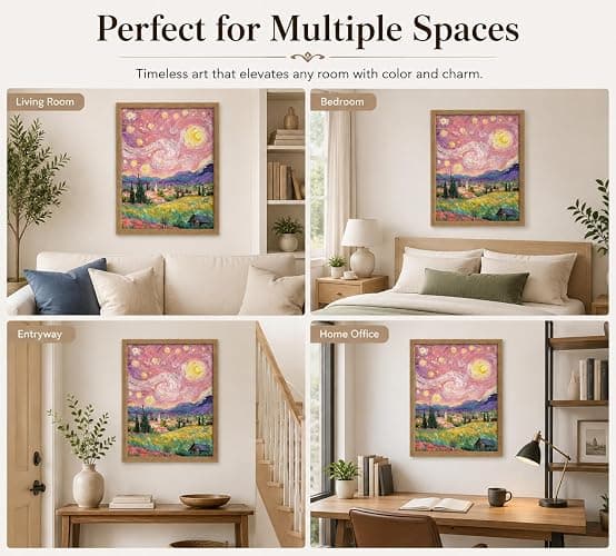 Framed Impressionist Pink Starry Sky Rural landscape Canvas Wall Art | Vibrant Colors Landscape Decor Picture Romantic Countryside Mountain Field Poster Prints for Art Lover Room Home Decoration thumbnail 6