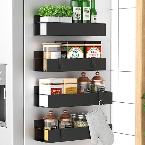 HuggieGems Metal Magnetic Spice Rack for Refrigerator Black, 4 Pack | Magnetic Shelves Heavy Duty for Fridge in Kitchen, Seasoning Storage Organizer, For Oven Washer and Dryer, For Heavier Items - Image 1