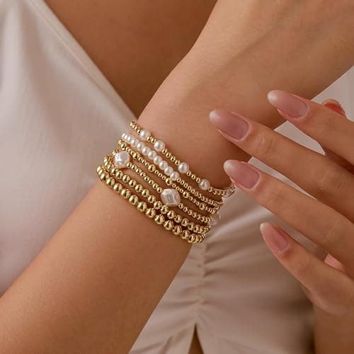 Miss Pink Gold Beaded Bracelets Set for Women Waterproof, 14k Gold-Plated Dainty Round Bead Cross Pearl Bracelet Beaded Non Tarnish Stretch Bracelet for Christmas Stockings Gifts Stackable Bracelet thumbnail 2