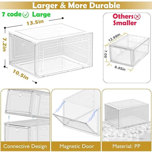 Thicken & Sturdy Clear Shoe Storage Organizer with Magnetic Door, Stackable Boxes for Closet, Foldable Space-Saving Shoe Rack for Sneaker Boot Container, Plastic Shoe Cabinet Shoe Box 6 Pack, White thumbnail 3