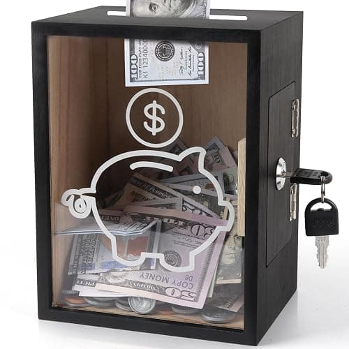 Mczxon Clear Piggy Bank with Lock, Large Money Saving Jar Money Bank Box Container for Cash Saving, Openable Clear Money Coin Change Bank Jar Container Penny Piggy Jar Bank for Adults Kids, Black - Image 1