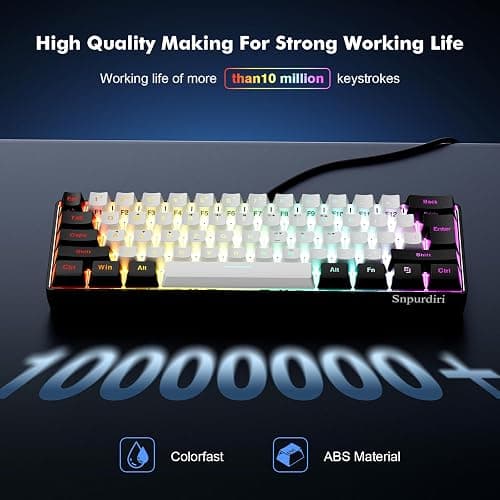 Snpurdiri 60% Wired Gaming Keyboard, 61 Keys RGB Backlit Ultra-Compact Small Gaming Keyboard, for PC/Mac Gamer, Typist, Travel, Easy to Carry on Business Trip(Black-White) - Black and White thumbnail 4