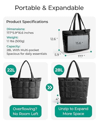 BAGSMART Expandable Tote Bag for Women, Puffer Work Tote Handbag, Quilted Carry On Bag for Travel Gym thumbnail 2