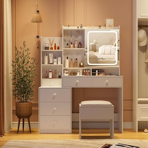 Vabches Vanity Makeup Mirror Desk with Stool,Makeup Vanity Set with 6 Drawers and Shelves,Vanity Table with Power Strip,Vanity Mirror 3 Lighting Color Adjustable,White thumbnail 6