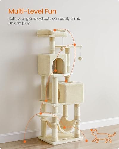 Feandrea Cat Tree, 59.5-Inch Tall Cat Tower, Plush Multi-Level Condo with 5 Scratching Posts, 2 Perches, 2 Caves, Hammock, 2 Pompoms, Beige UPCT192M01 thumbnail 3