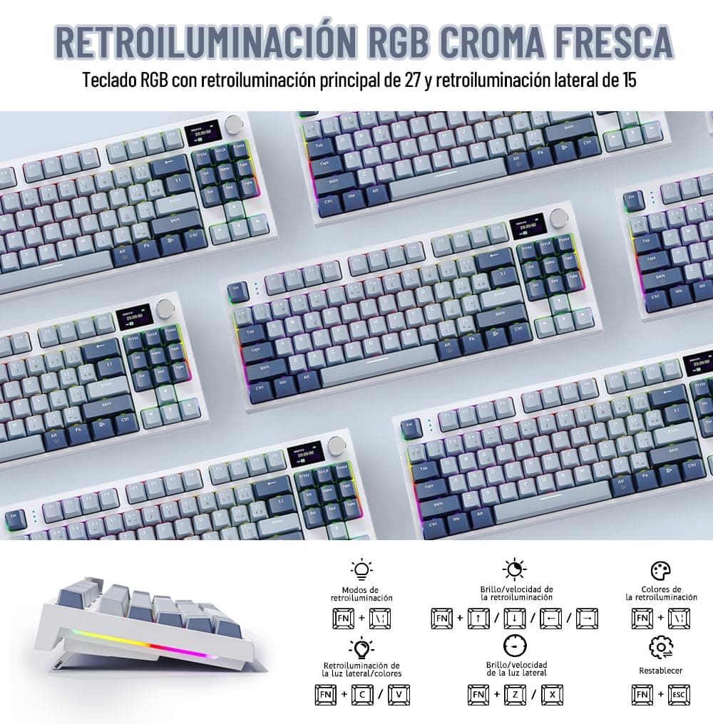 ATTACK SHARK Teclado Mecánico Español K86, RGB Teclado Inalámbrico con Led Pantalla, USB-C/2.4ghz/Bluetooth 3 Modes Hot-Swap Teclado Gamer, Gasket Teclado Interruptores Lineales - Azul thumbnail 6
