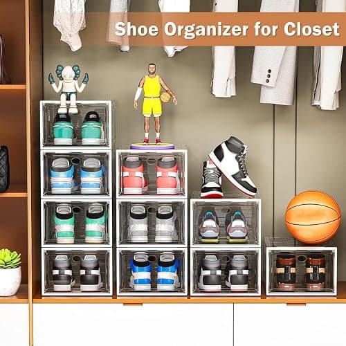 caktraie 10 Pack Thicken Shoe Organizer Stackable,Upgraded Sturdy Shoe Storage Box with Magnetic Door,Shoe Containers For Sneaker Display,Hat Organizer,White thumbnail 7
