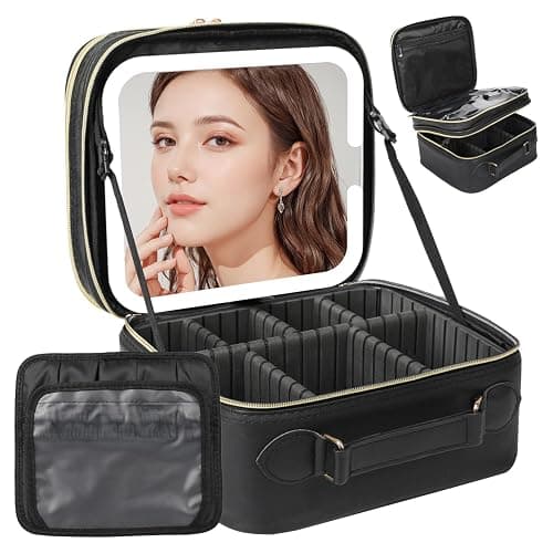 Behaesty Travel Makeup Bag with LED Mirror Double Layer, Detachable Vanity Mirror with Lights, Tri-light Dimmable, Makeup Case with Adjustable Dividers and Brush Holder Cosmetic Organizer Storage Box - Image 1