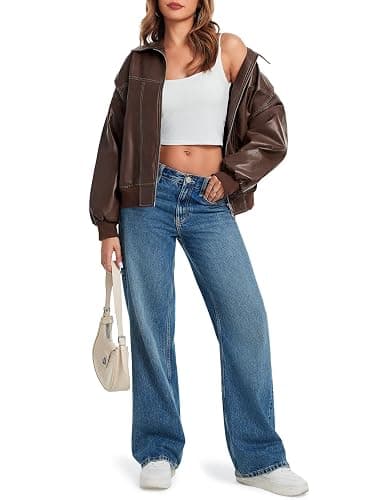 Tankaneo Womens Oversized Leather Bomber Jackets Cap Sleeve Zip Up Motorcycle Coats with Pockets thumbnail 7